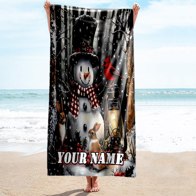 1PC Custom Name Winter Snowman Lantern Scene Beach Towel Highly Absorbent And Sand-Resistant Towel for Swimming, Pool, Yoga, And Travel Lightweight