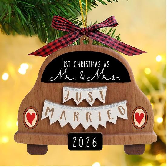 Wedding Gifts for Couples 2026 Newly Married Hanging Car Ornament Gift with Buffalo Plaid Bow Tie Just Married 3.9" Rustic Bridal Shower Decor for