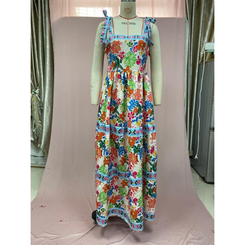 Женские летние свободные платья без рукавов с высокой талией и ботаническим принтом через шею