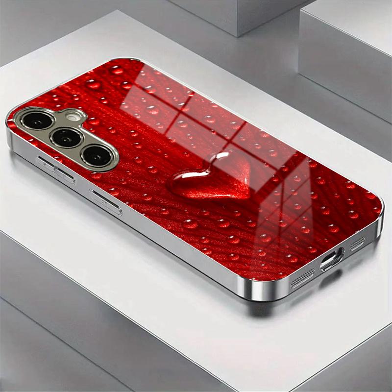 Чехол из закаленного стекла с красным сердцем и росинкой, подходит для Samsung Galaxy S26 S25 S24 S23 S22 S20 FE/Ultra/Plus, противоударный