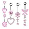 Heart-Shaped 5-Piece Pink Zircon Belly Button Ring Set for Piercings.