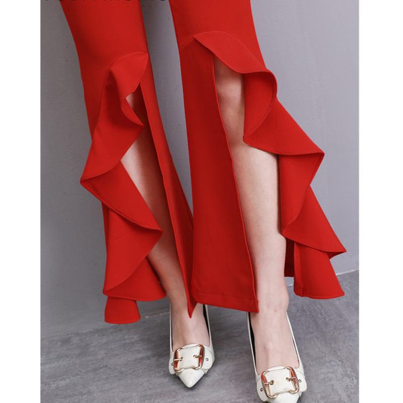 Harajuku Summer High Waist Women's Chiffon Split Up Capris Pants for Women Skinny Ruffles Flare Pants Woman Trousers Red Black