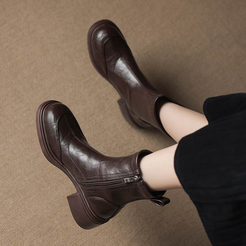 Krazing Pot Microfiber Round Toe Chunky Heels Motorcycle Boots Size 42 Zip Women Platform Ankle Boots