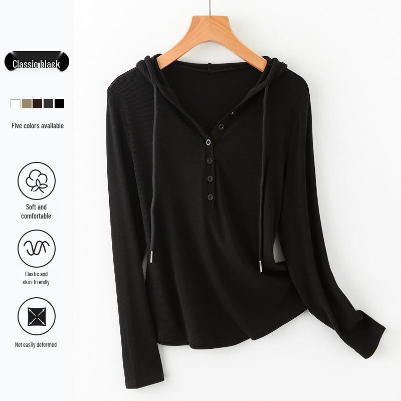 Women's V-Neck Button-Down Hooded Sweatshirt Base Layer - Slim Fit Long Sleeve for Spring & Autumn