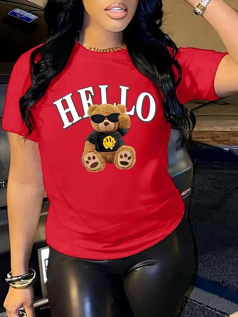 Bear Print Tshirt Short Sleeve Crew Neck Casual Top for Summer Spring Womens Clothing yk top shirts for women