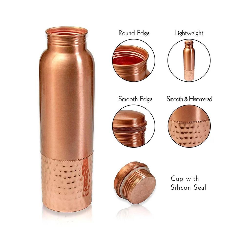 Copper Water Bottle with Leak Proof Protection, Ayurveda and Yoga Health Benefits. (Half Hammered Design,1000ml)