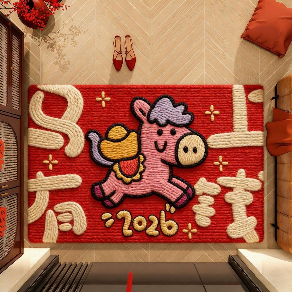 Red Year of The Horse Floor Mat Non-slip Soft Pony New Year Door Mat Water Absorption Blessing Words Doormat Rugs