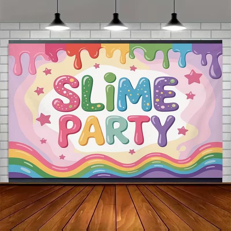2D Colorful Slime Party Backdrop, Pastel Rainbow Kids Birthday Photo Booth Banner