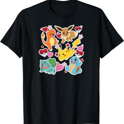 Pokémon - Иви Пикачу Чармандер Сквиртл Бульбазавр Сердца Футболка