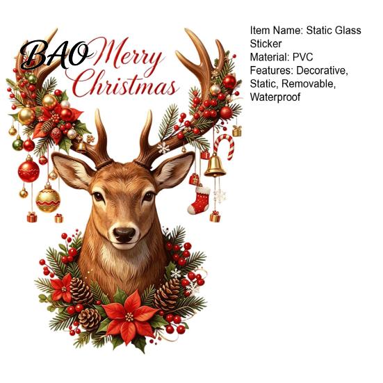 Reusable Winter Window Clings Christmas Reindeer Static Glass Sticker, Removable with Merry Text, PVC Stickers for Holiday Home And Store Decoration