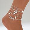 Temu hot-selling imitation pearl beach anklet five-pointed star butterfly pendant lucky 8-character multi-layer anklet set 4-piece set