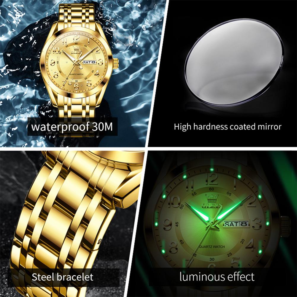 OLEVS 3666 Luxury Man Watch Stainless Steel Waterproof Dual Calendar Classic Large Digital Dial Original Quartz Watches for Men