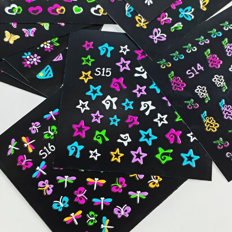 30 Sheets/Set 3D Glow In The Dark Neon Nail Stickers Glittery Glossy Self-Adhesive Nail Decorations With Butterfly Love Heart