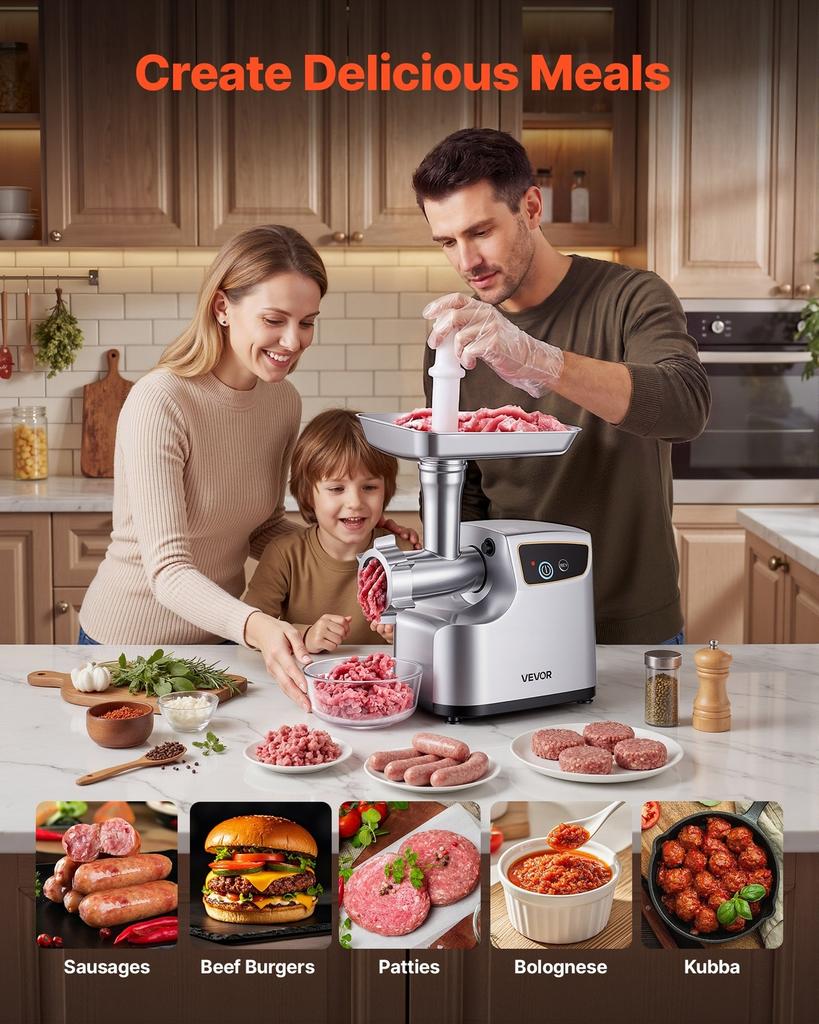 Electric Meat Grinder, 2.3 kg/Min Capacity, #8 Meat Mincer with 3 Grinding Plates, 3 Sausage Stuffing Tubes & Kubbe Kit, 700W/0.77HP Sausage Stuffer