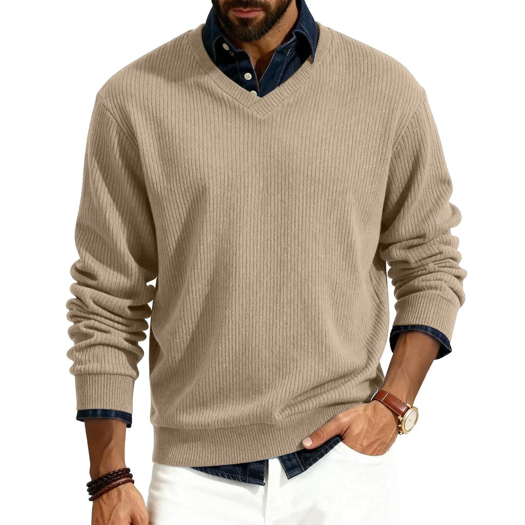 Men's V-neck Long-sleeved Ribbed Knit Pullover