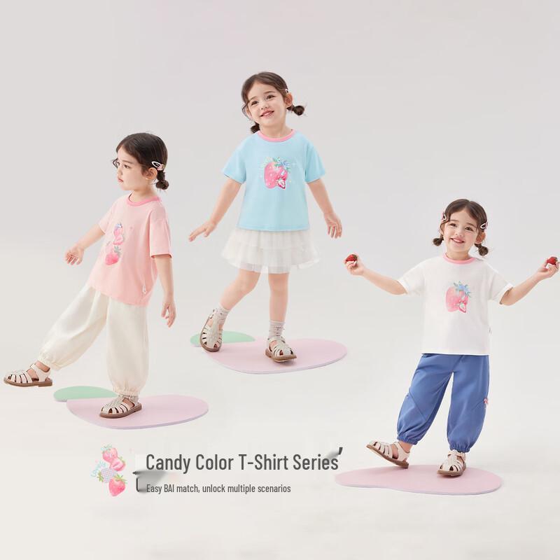 JELLYBABY Girls' Strawberry Print Color Block Short Sleeve T-Shirt