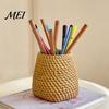 Pencil Organizer Faux Rattan Pen Holder, Woven Style Makeup Brush Boho Desk Desktop Organizer, Multi-functional Resin Cup for Home Office Storage
