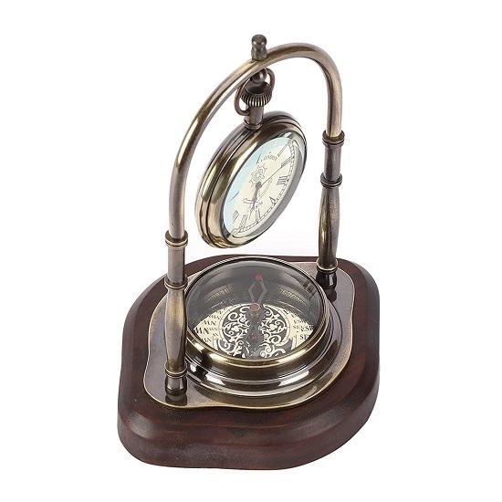 Antique Brass Nautical Vintage Style Table Clock with Wooden