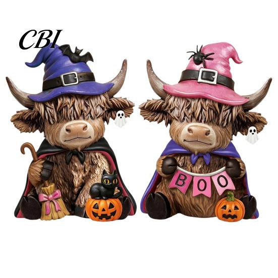 Halloween Home Accents 2 Pcs Highland Cow Figurines, Boo Pumpkin Ghost Statue with Desktop Display Witch Hat, Wooden Scottish Ornament for Tabletop,