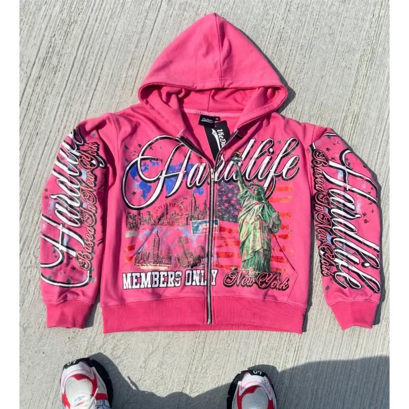 Hip Hop Y2K Streetwear Vintage Letter Print Oversized Zip Up Hoodie Teens