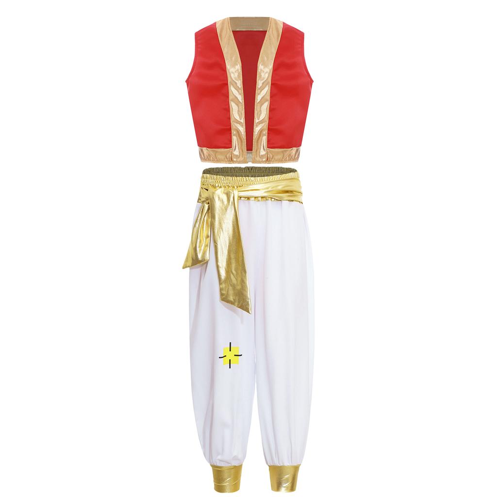 Mythical Cosplay Outfits Arabian Prince Kings Costume Halloween Roleplay Outfit Trim Waistcoat with Belted Pants