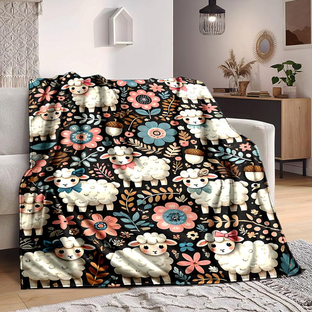 1pc Sheep Flowers Lightweight Flannel Blanket, Comfortable and Warm Blanket, for Office and Camping Sofa Bed184