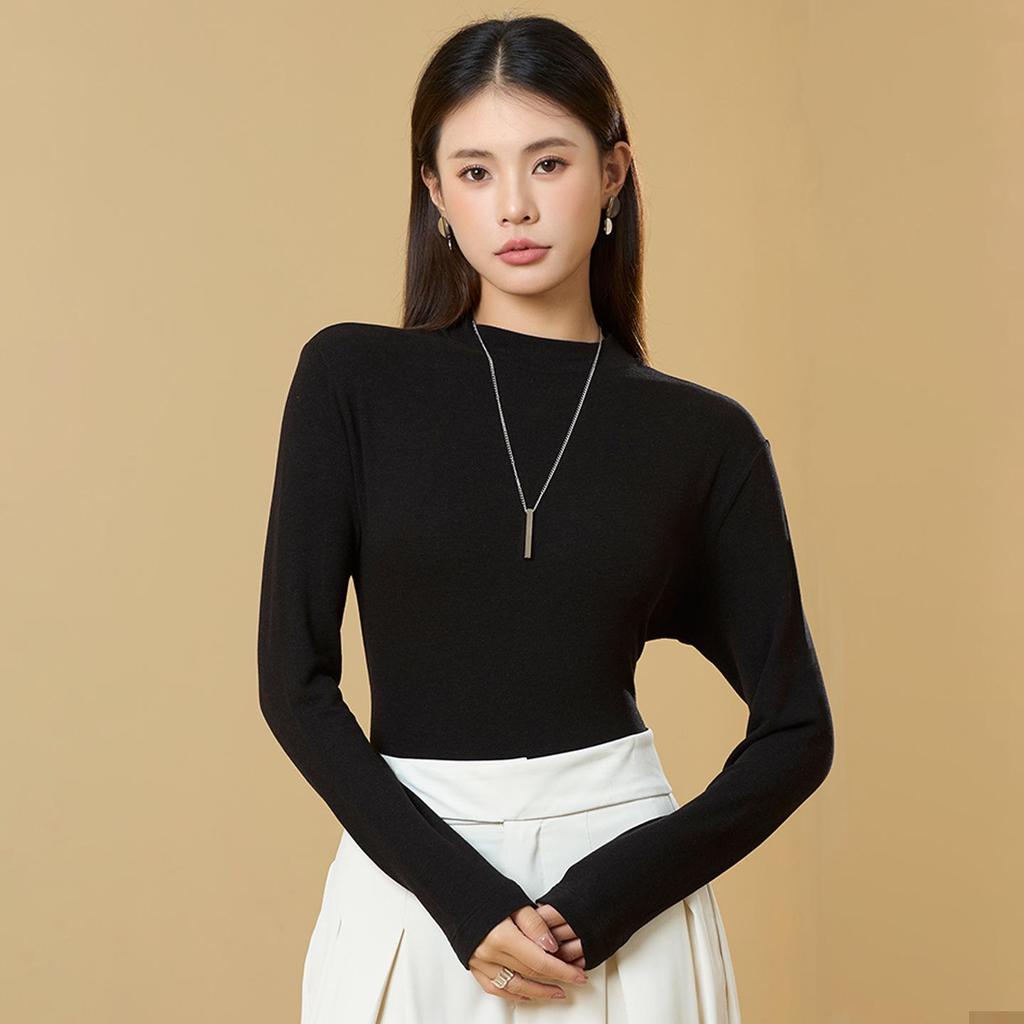 Women's Tencel Wool Acetate High Elastic Stand Collar Slim Fit Long Sleeve Base Layer Top for Autumn/Winter Warmth.