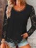 Летняя женская мода однотонная повседневная футболка с длинными рукавами и круглым вырезом с кружевным топом