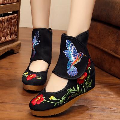 Модные женские ботинки Обувь До середины икры На танкетке Ретро Вышивка Ткань Цветочный Неглубокие Этнические Туфли Белые Ботинки до середины икры Низкие Женские Танкетки Вышивка