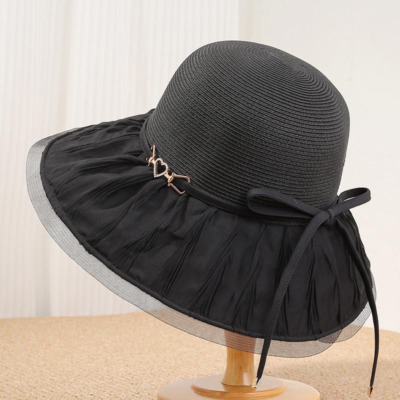French elegant mesh straw hat seaside vacation photo artifact wide brim lace bucket hat women's temperament sunscreen hat