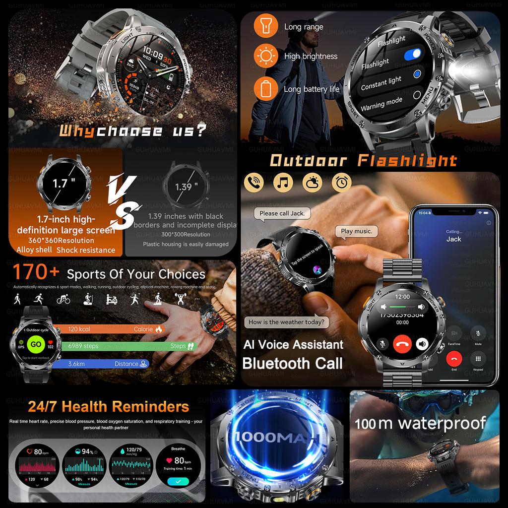 New Military 1.7 inches SmartWatch 1000Mah Battery Fitness Tracking 10ATM Waterproof Sport Flashlight call Bracelet For Men