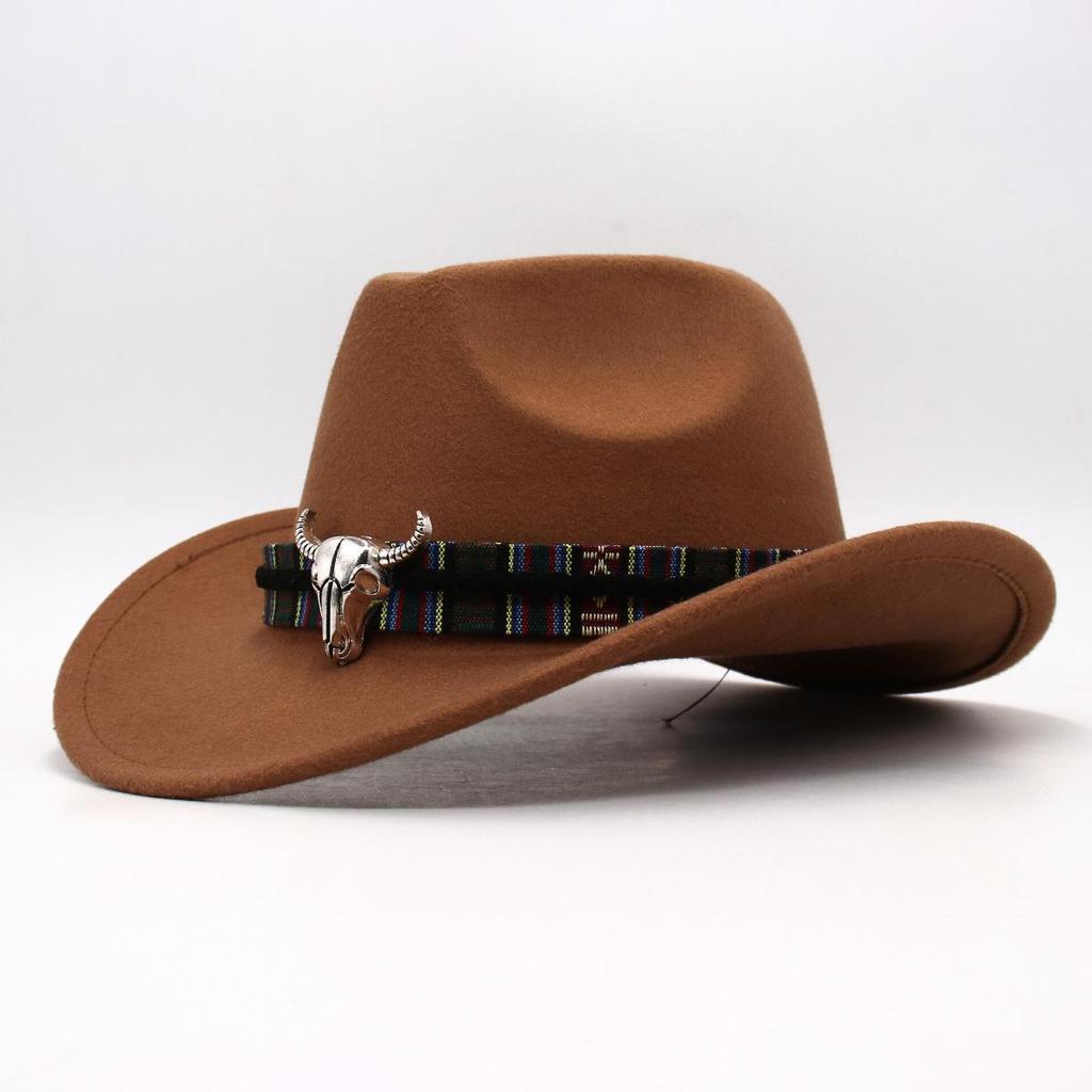 Western Cowboy-Style Wool Felt Hat with Bull Head Accent - Tibetan-Inspired Autumn/Winter Jazz Hat