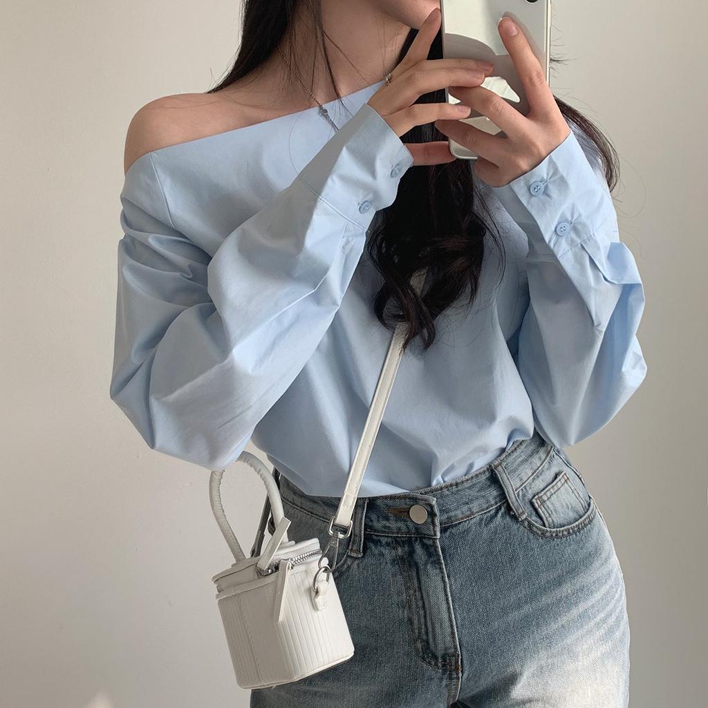 Рубашка с открытыми плечами, женская сексуальная однотонная тонкая рубашка на одно плечо, летняя рубашка с длинными рукавами, дизайнерский топ
