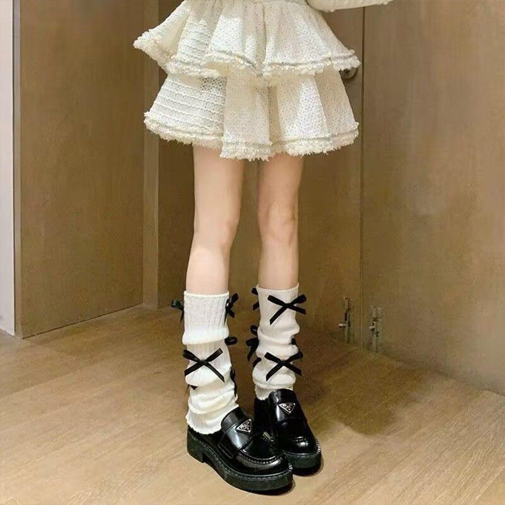 Модные вязаные гетры с бантом 40 см, вязаная текстура, чехол для ног, белые, черные, теплые вязаные носки, осень-зима