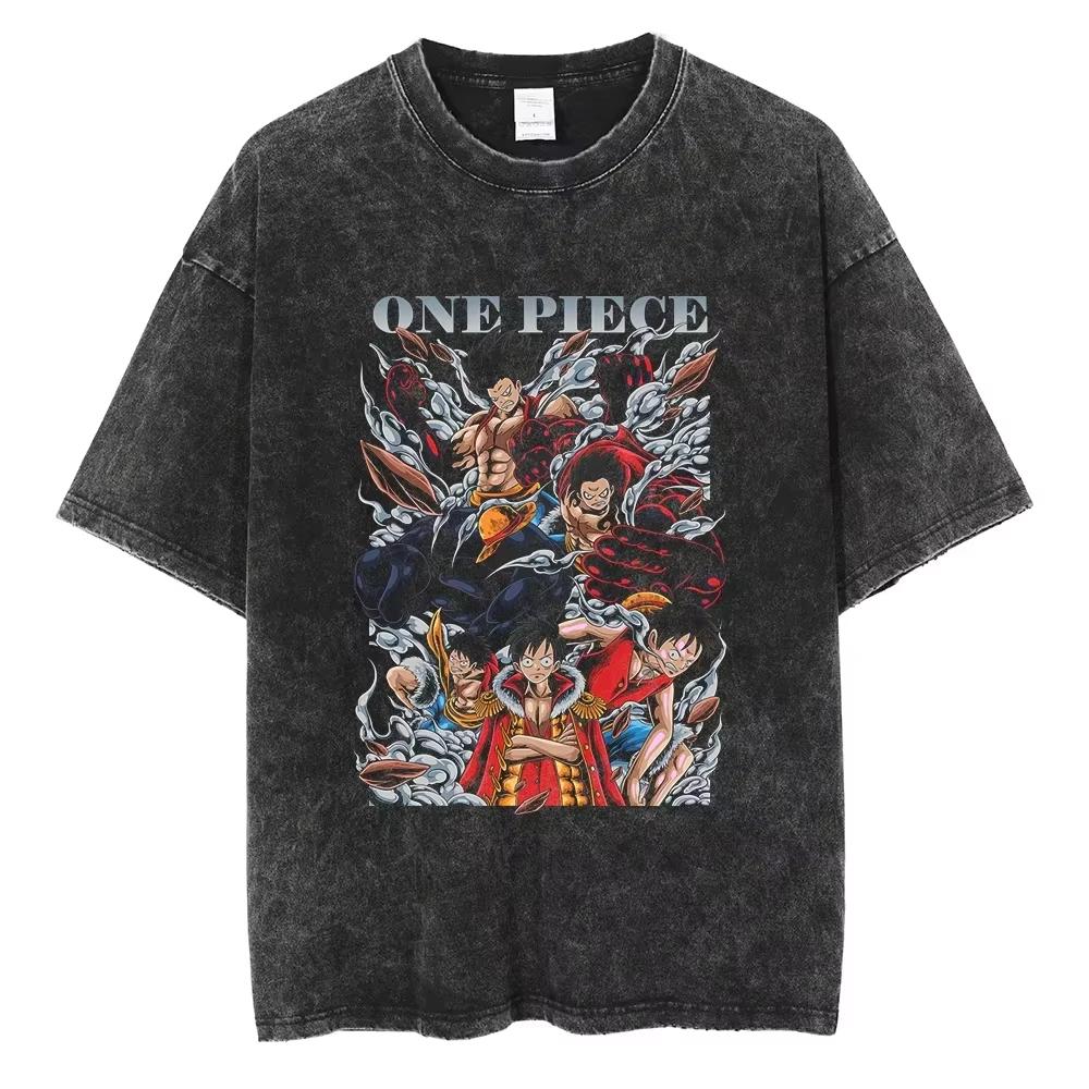 Nika Luffy Gear ONE PIECE Anime Harajuku Retro Washed Tshirt Cotton Men Streetwear Women Short Sleeves Unisex Top