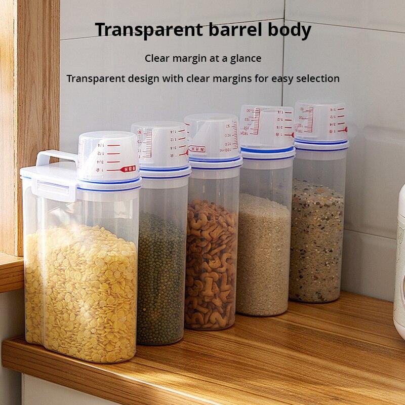 2Liter Food Pail Plastic Storage Tank with Measuring Cup Container Moisture Proof Sealed Jar Pet Supplies Accessories