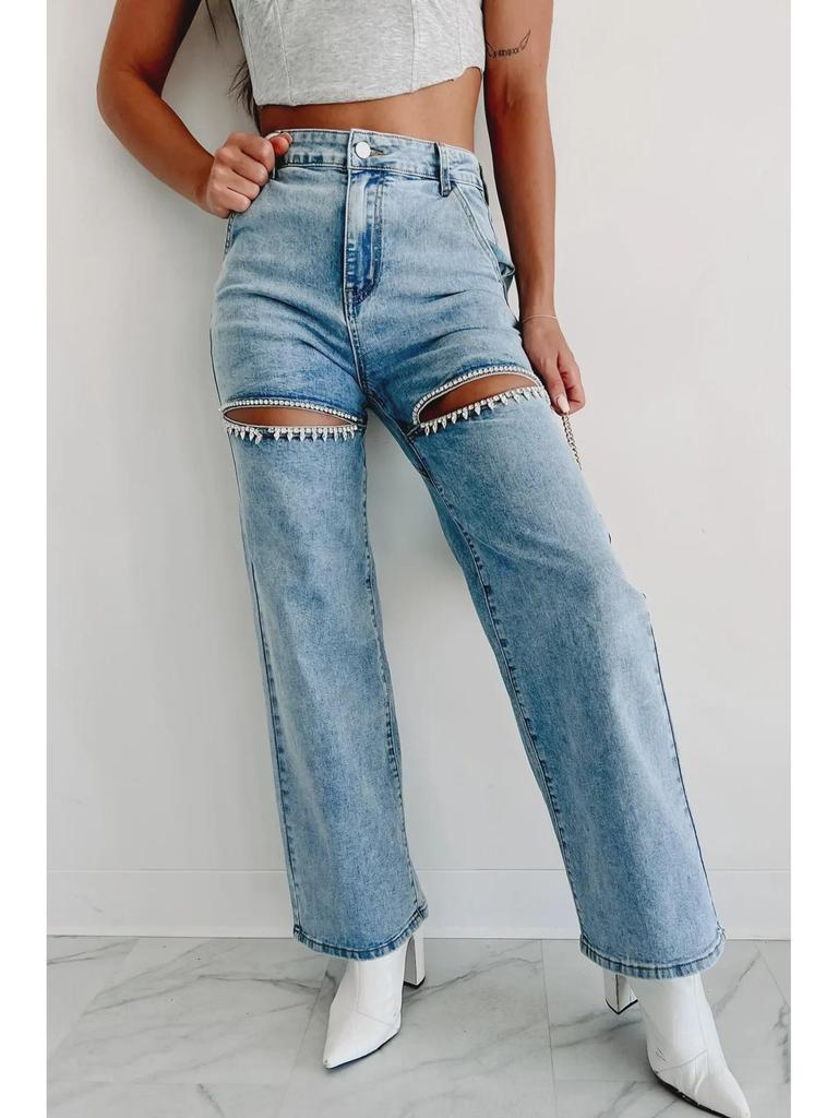 Женские джинсы прямого кроя с высокой талией, цепочкой и выцветшей отделкой 2025 года