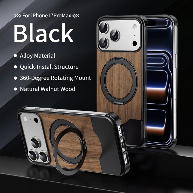 Retractable Walnut Phone Case With Metal Magnetic Rotating Stand IPhone 16 Pro 17 Max