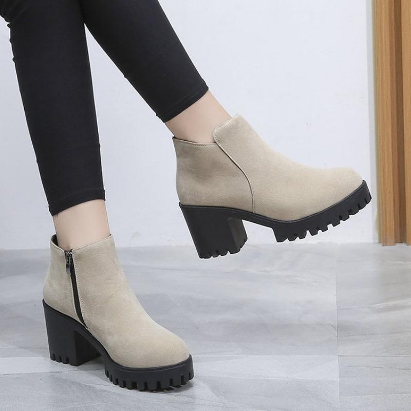 Короткие сапоги на грубом каблуке для женщин с круглым носком, молнией сбоку, толстой подошвой, высокие каблуки для женщин, ботинки Martin