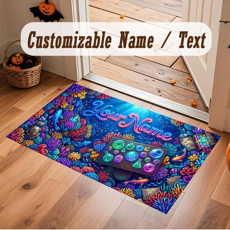 Octopus Sea Life Theme Crystal Velvet Floor Rug Personalized Custom Name Text Warm Carpet Home Decoration