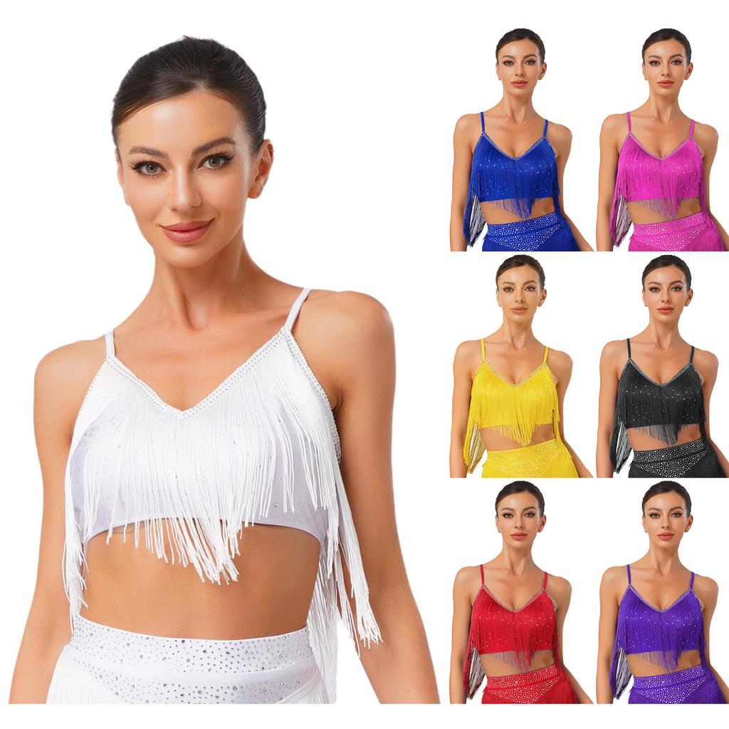 Womens Salsa Dance Top Latin Performance Wear V Neck Sleeveless Crop Top Crisscross Back Fringe Detail