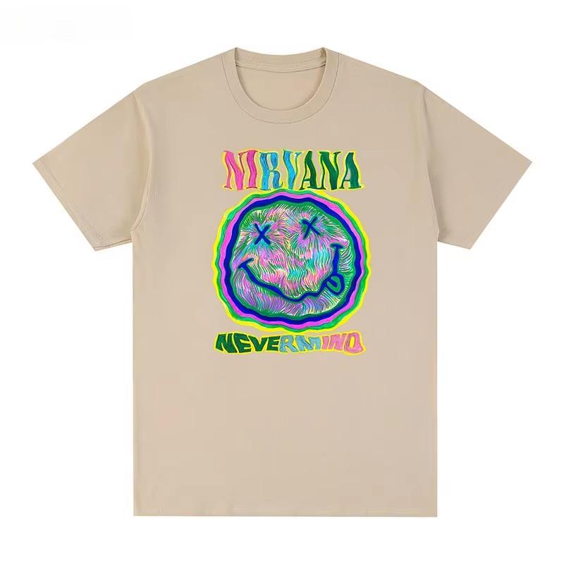 2026 Nirvana Короткий рукав Рок-группа Винтажный Принт Смайлик Сувенир для Пары Унисекс Женская и Мужская Футболка