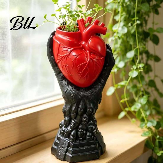 Halloween Home Decor Hand Holding Human Heart Organ Vase, Gothic Anatomical Shaped Creative Dried Flower Holder Spooky Desktop Pot for Living