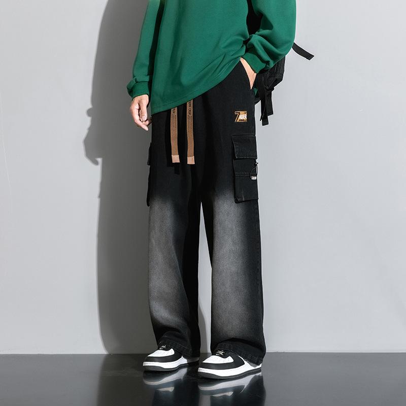 Джинсы Американский Уличный Ретро Эластичная Талия Деним Мужские Свободные Прямые Широкие Брюки