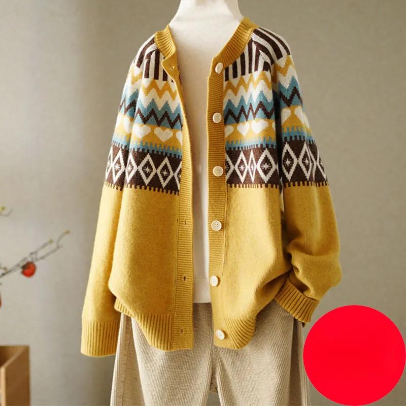 Весна Осень Винтаж Жаккард Круглый Вырез Вязаный Кардиган Женский Дикий Плюс Размер Свитер Пальто