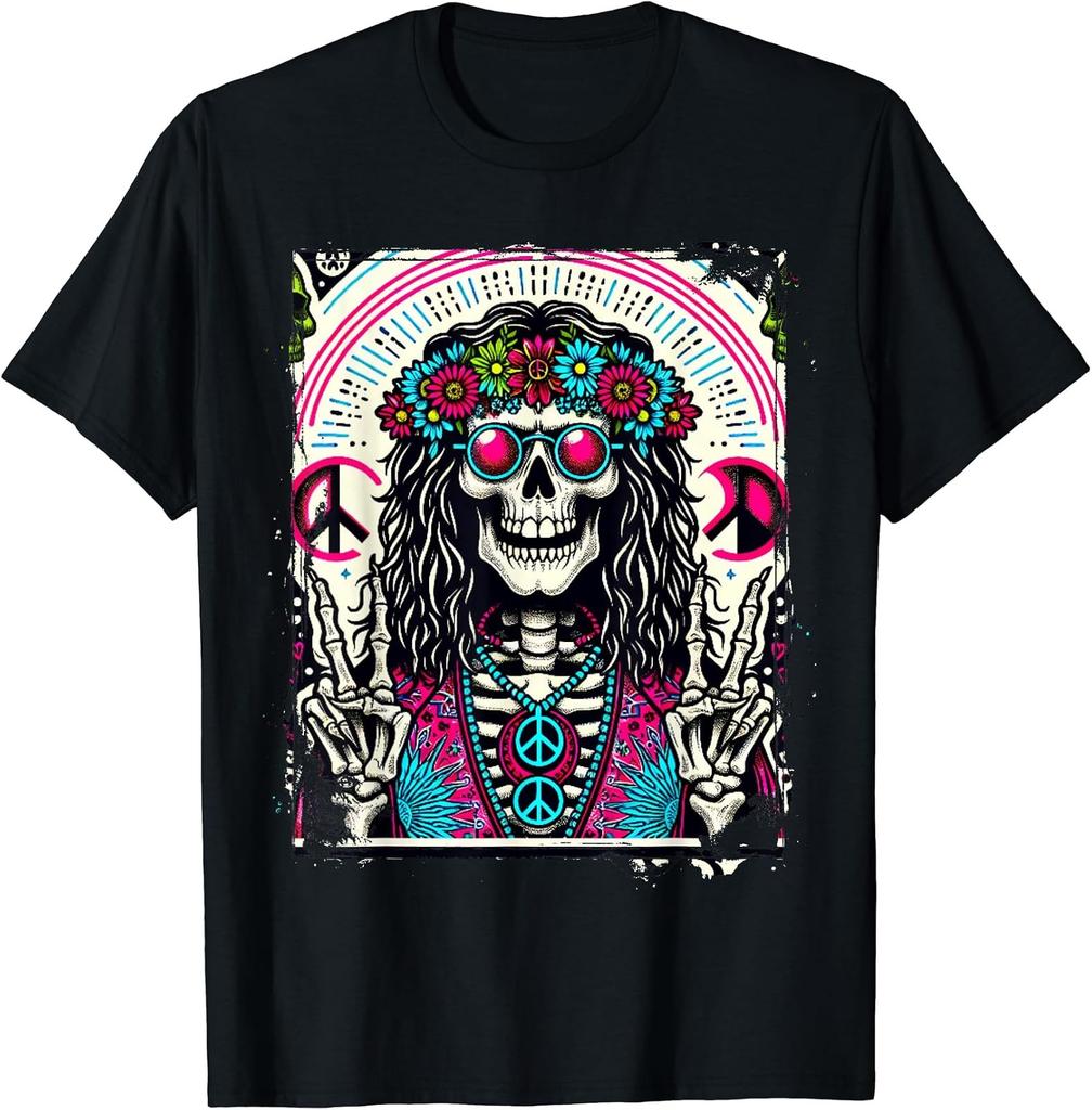 Mystical Skeleton Warlock T-Shirt with Hippie Vibes and Peace Themes