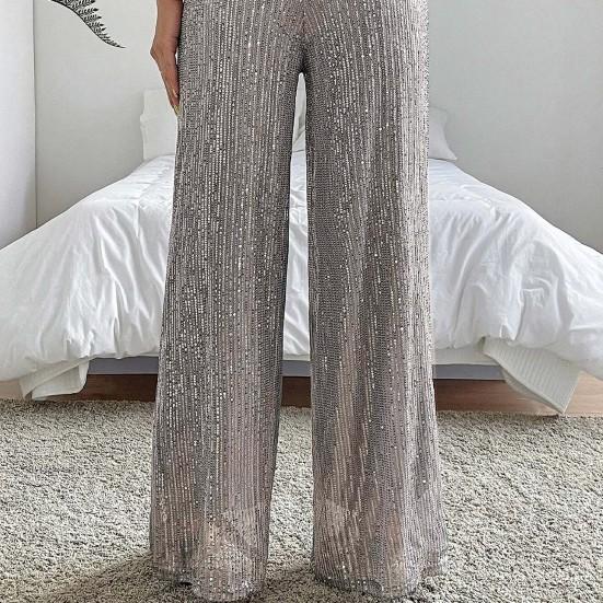 Women Nightclub Long Pants High Waist Sparkling Sequined Straight Wide Leg Pants Elastic Waist Loose Fit Solid Color Trousers