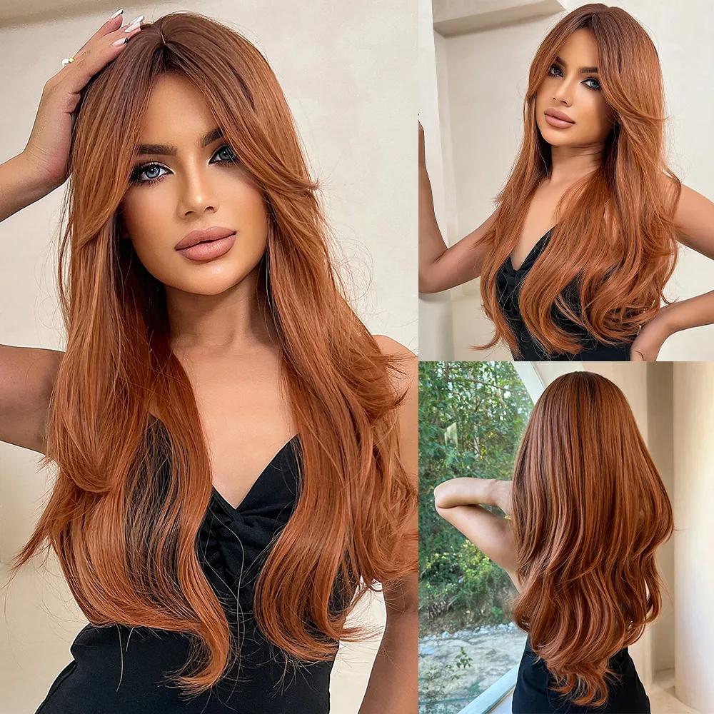 Long Straight Wig with Bangs Orange Iron Red Ginger Synthetic Wigs Daily Party Cosplay Wig for Women Heat Resistant Fiber Hair