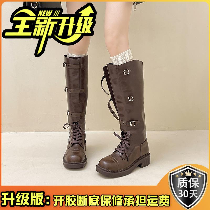 Дизайнерские локомотивные сапоги с пряжкой на ремне женские 2025 осень и зима ретро европейские и американские на толстой подошве на толстом каблуке модные сапоги на высоком каблуке