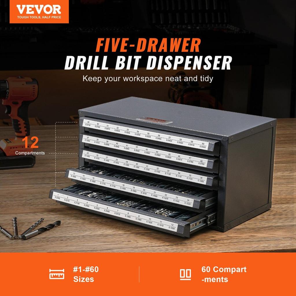 Drill Bit Dispenser Cabinet, 3 Pieces Three-Drawer for 1/16" to 1/2" & Letter Sizes A to Z, Five-Drawer Drill Bit Organizer for Wire Gauge Sizes #1 to